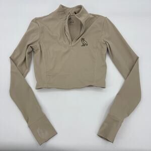 OCTOBER'S VERY OWN Cropped Mock Neck Athletic Top Size XS Tan Owl Long Sleeve